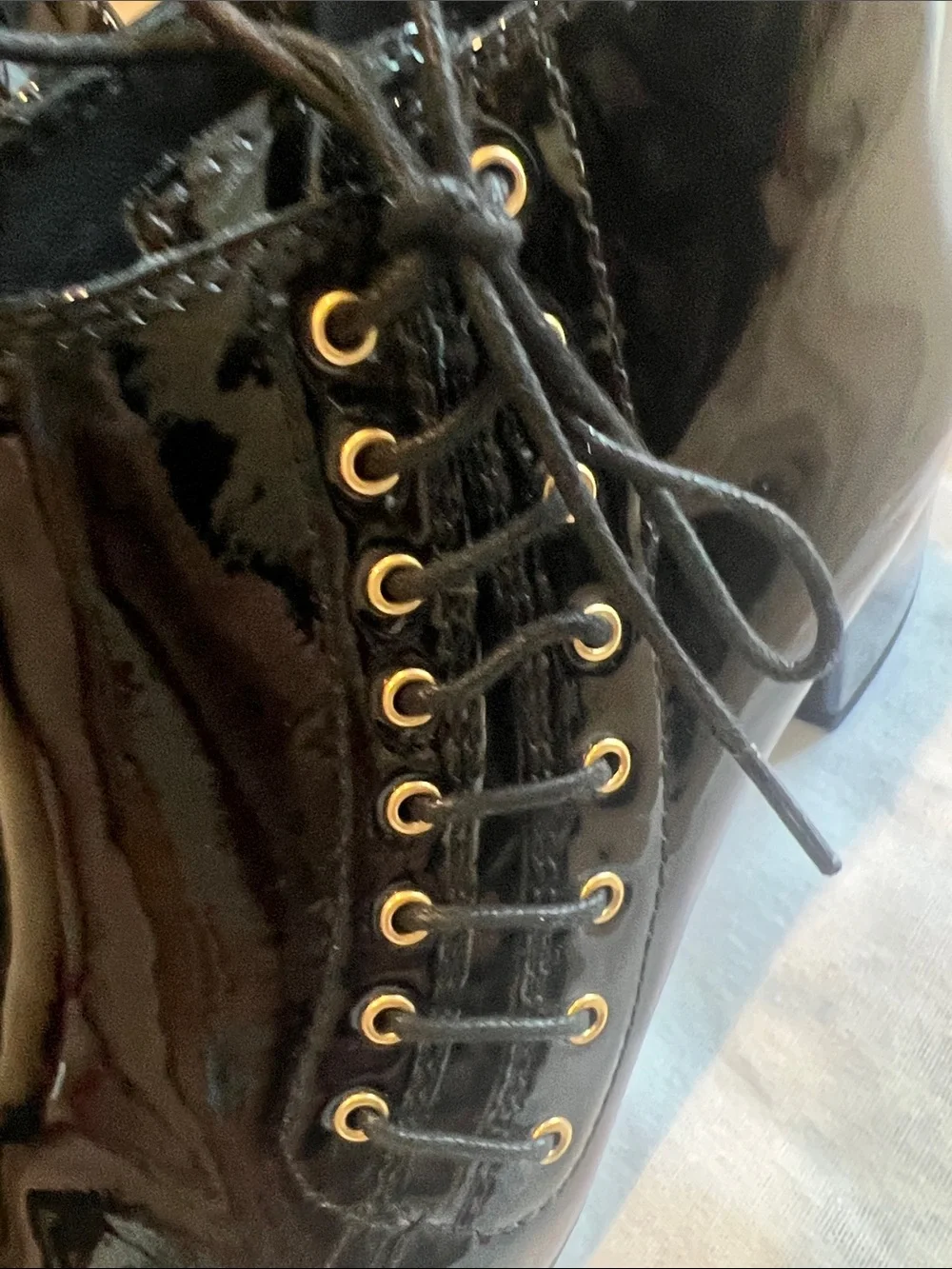 CHANEL Black Patent Lace-Up Ankle Boots with Gold Zipper Hardware